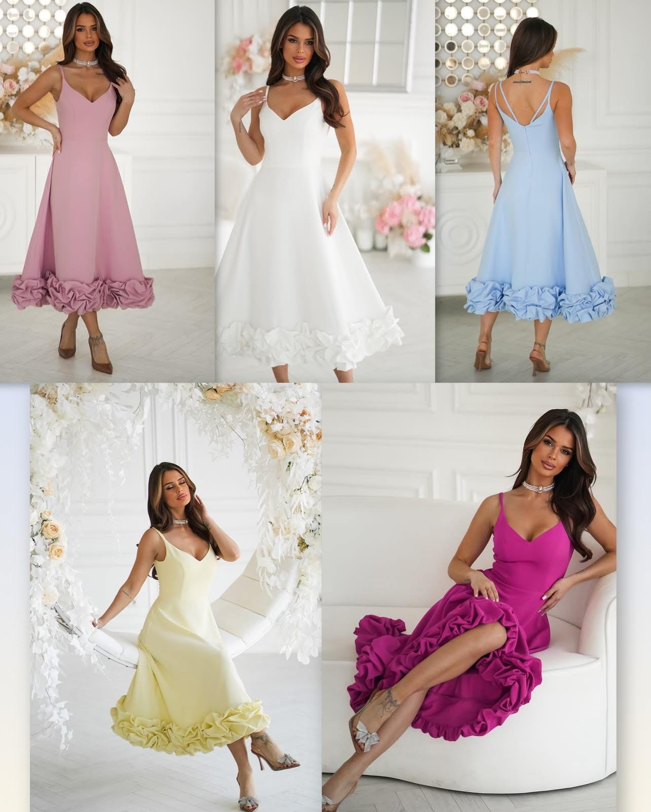 Spoločenské šaty, tenké ramienka, zapínanie na zips, spodná časť ukončená volánmi.