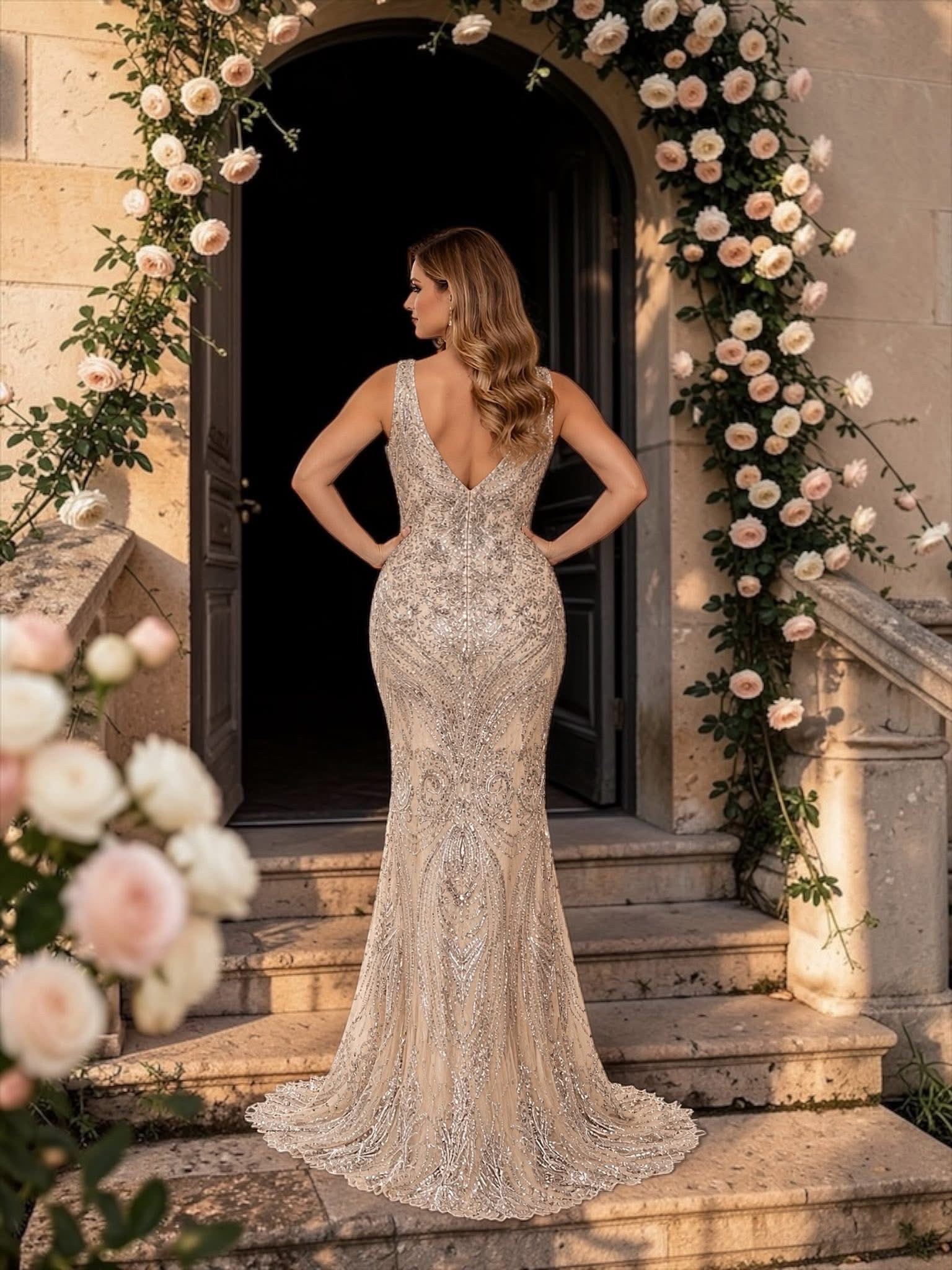 Dámske spoločenské šaty PUSIA béžovo-strieborné